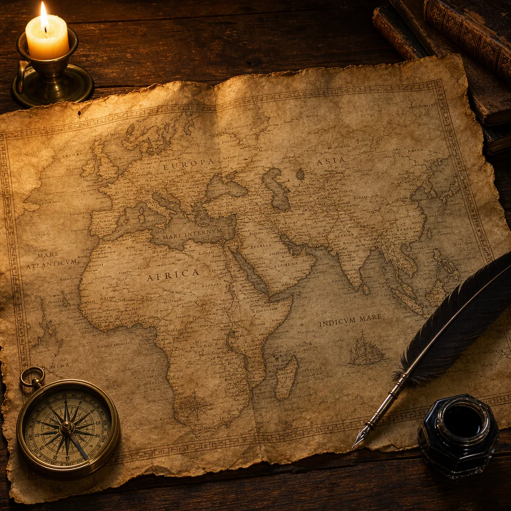 A weathered parchment map showing time travel routes
