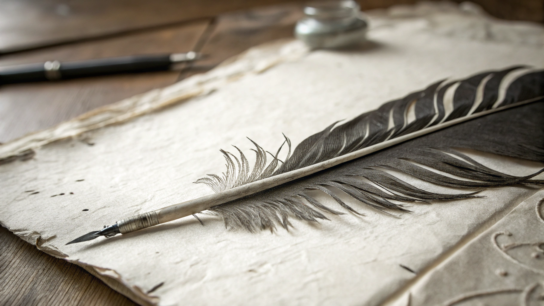 A golden feather quill resting on history notes
