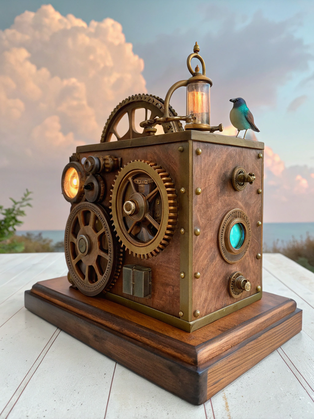 Whimsical illustration of a goose wearing goggles in a time machine