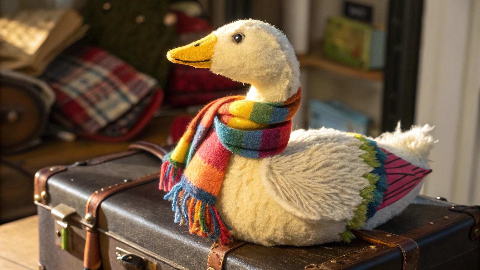 Whimsical illustration of a time-travelling goose wearing goggles in a cosmic portal
